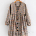 V-Ausschnitt Plaid Casual Cute Student Langarmkleid